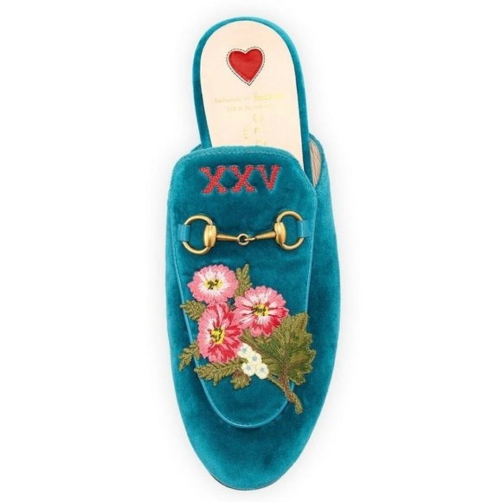 Gucci Teal Velvet Embroidered Floral Horsebit Mule